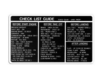 FIXED GEAR, VAR PROP CHECKLIST PLACARD